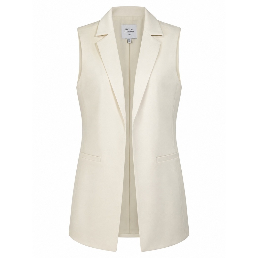 Maison d'Amélie Notched Lapel Open Front Longline Vest Cream Sz S NWT